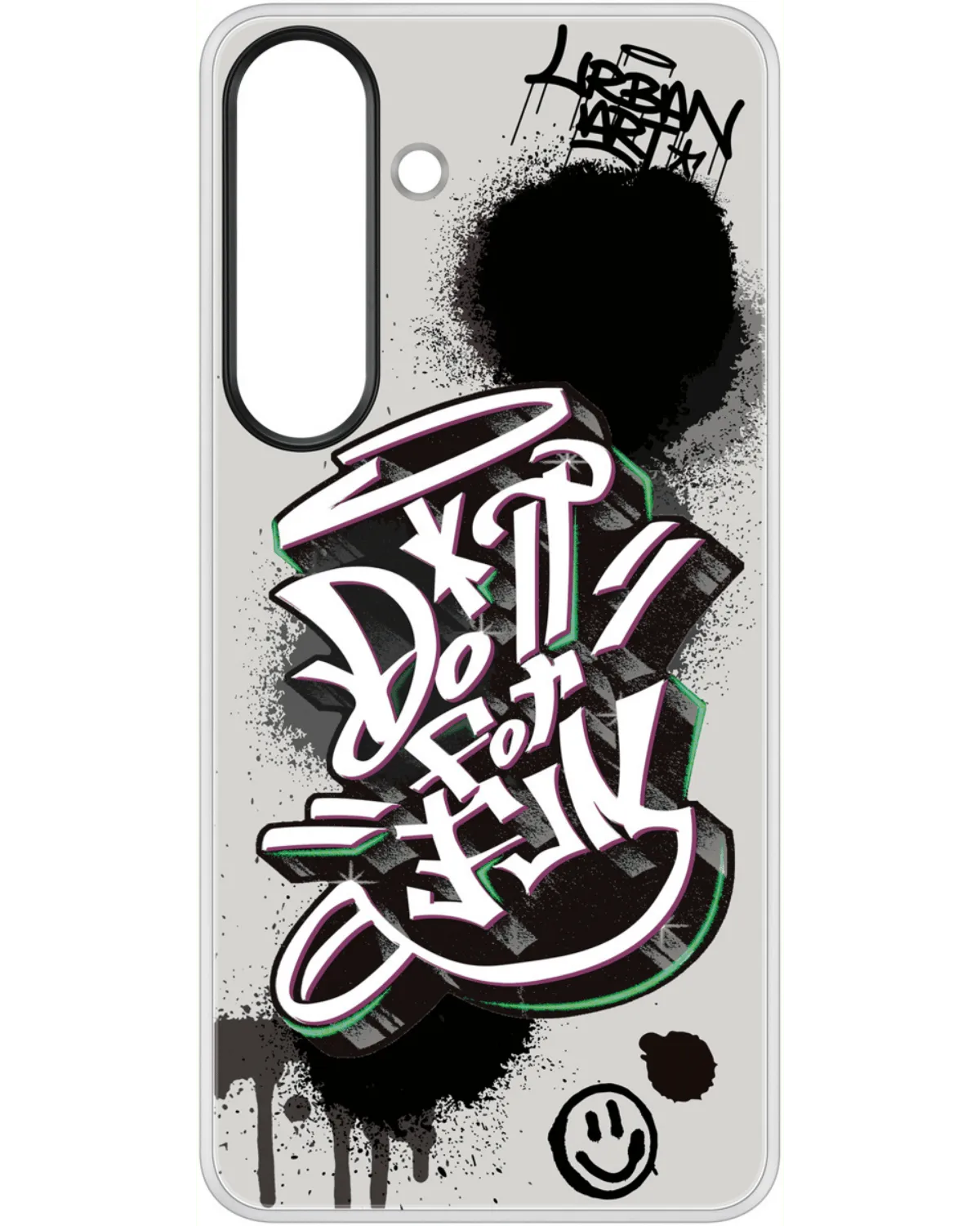 Losse Flipsuit Case voor de Samsung Galaxy S25 5G in wit met zwart graffiti-design en verwisselbaar paneel.