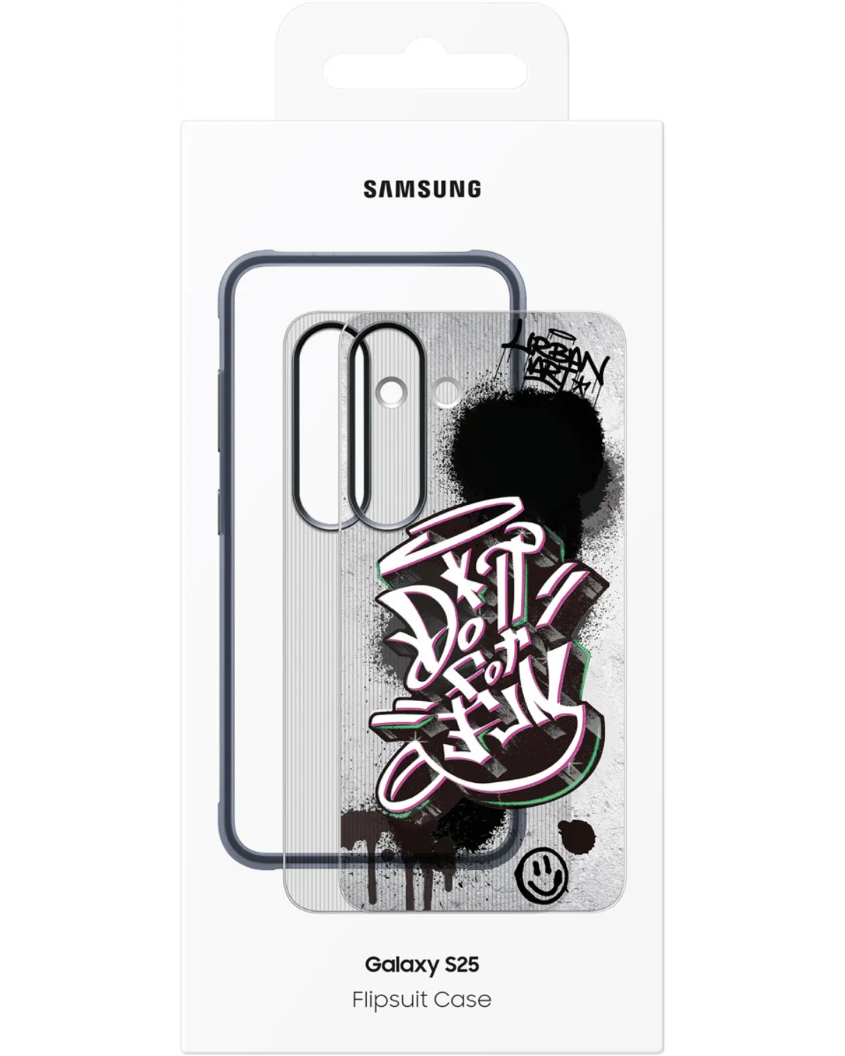 Verpakking van de Samsung Flipsuit Case voor Galaxy S25 5G met graffiti-ontwerp en verwisselbaar achterpaneel.
