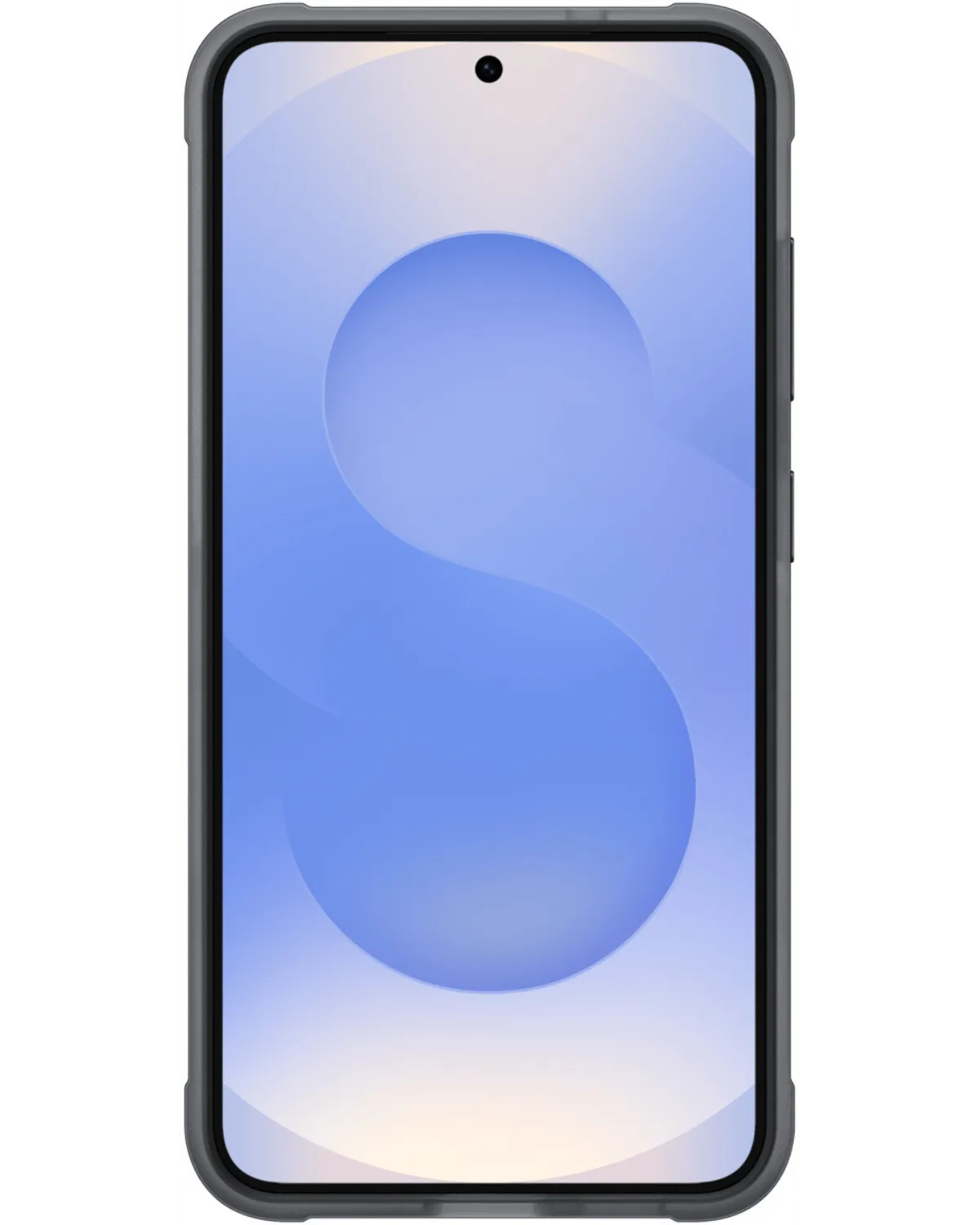 Vooraanzicht van de Samsung Galaxy S25 Plus 5G met zwarte Flipsuit Rugged Case, met groot scherm en stevige bescherming.