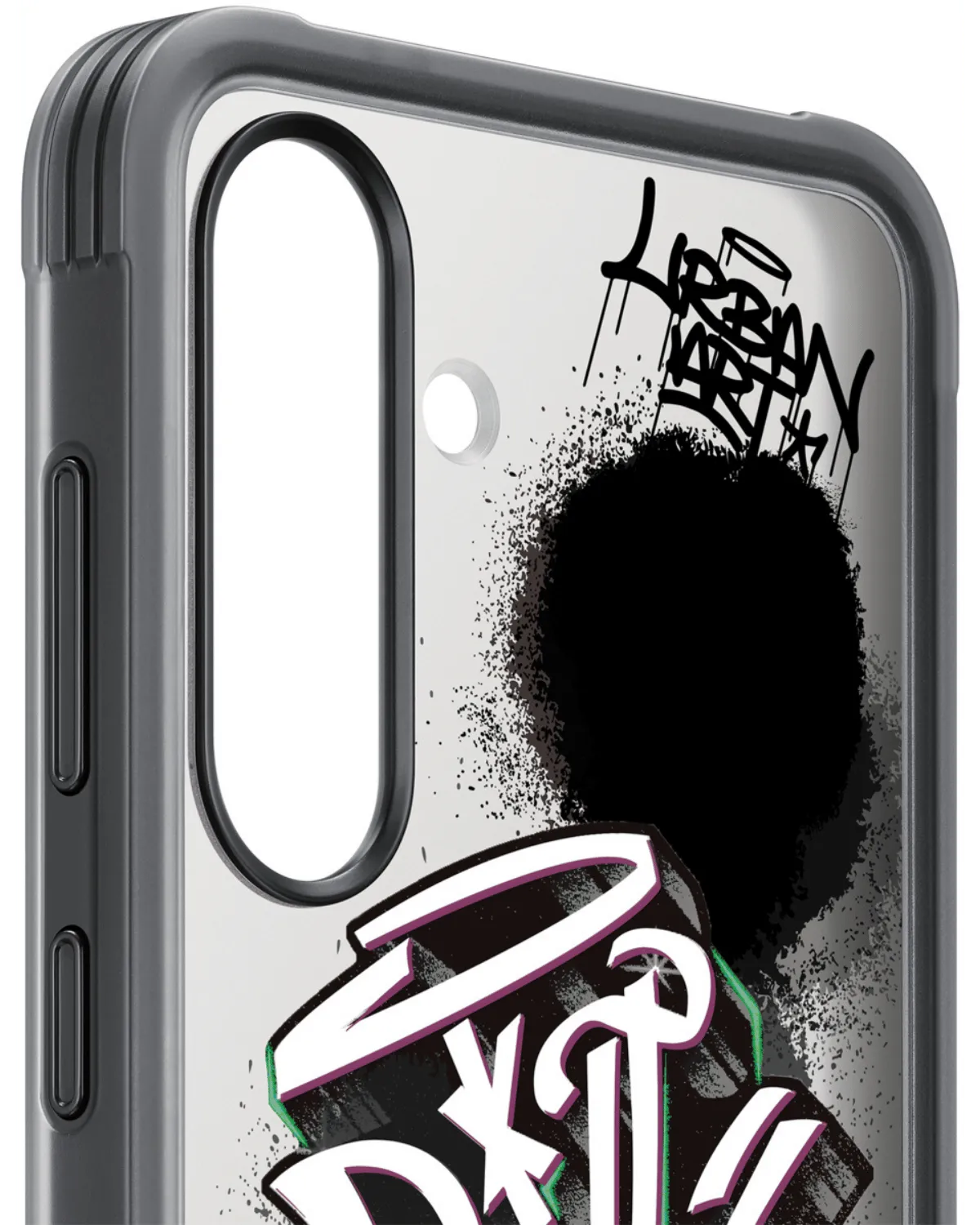 Close-up van de camera-uitsparing en graffiti-design op de Samsung Flipsuit Rugged Case voor de Galaxy S25 Plus 5G.