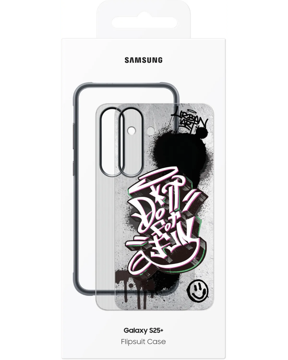Verpakking van de Samsung Flipsuit Rugged Case voor de Galaxy S25 Plus 5G, met graffiti-stijl design en Samsung-logo.