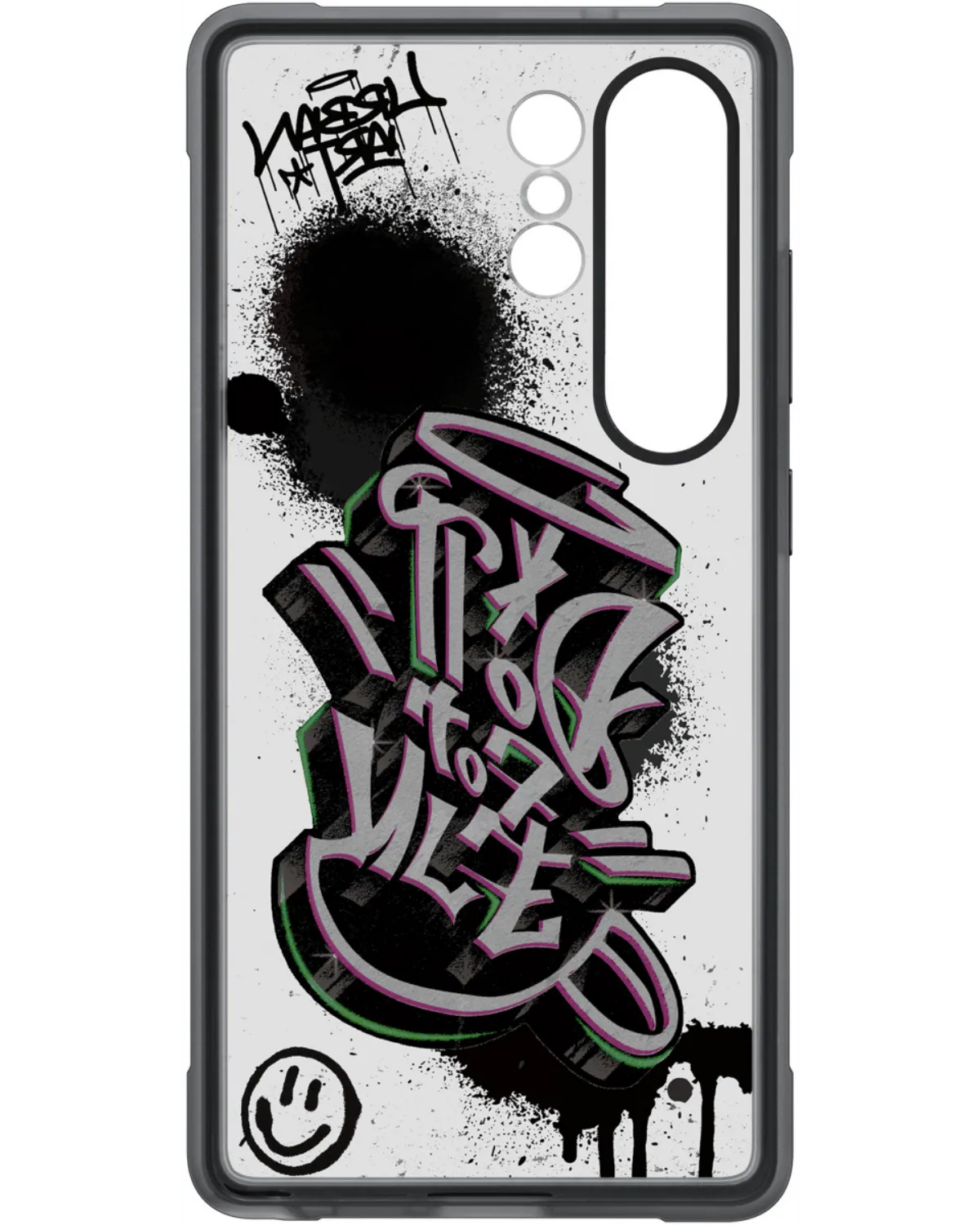 Transparante achterkant van de Flipsuit rugged case met graffiti-design en smiley op wit oppervlak.