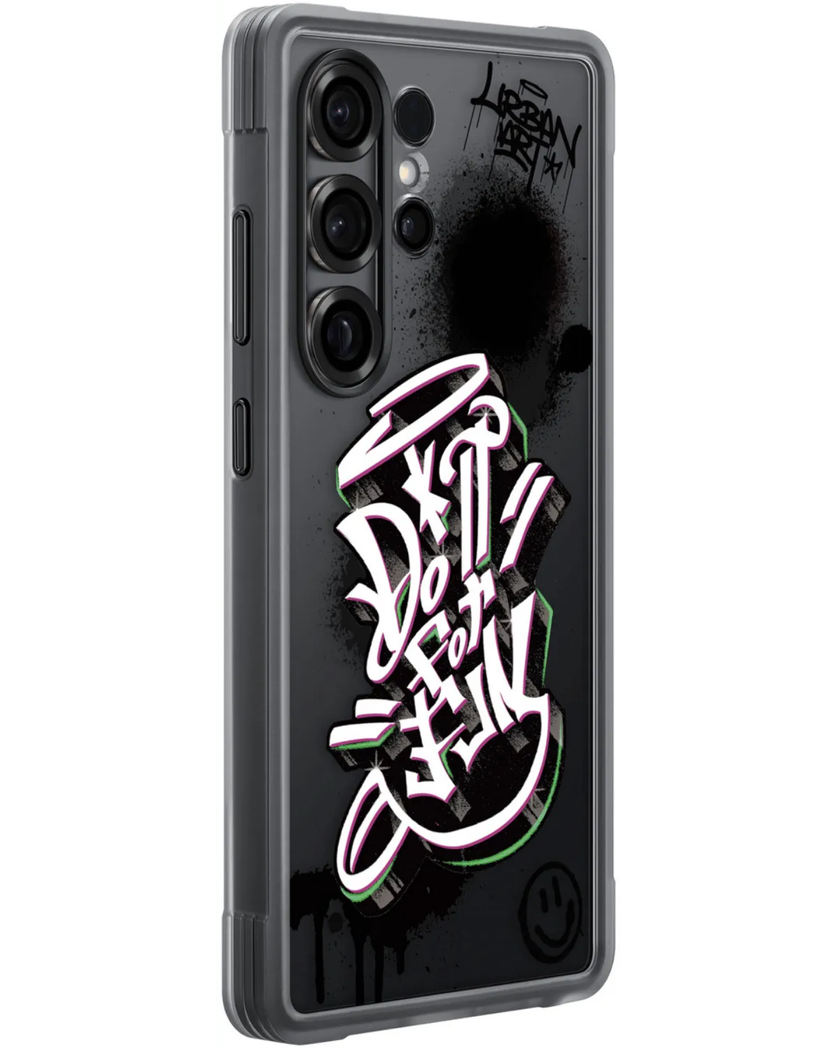 Schuine aanzicht van de Samsung Flipsuit rugged case, toont de robuuste randen en het graffiti-design.