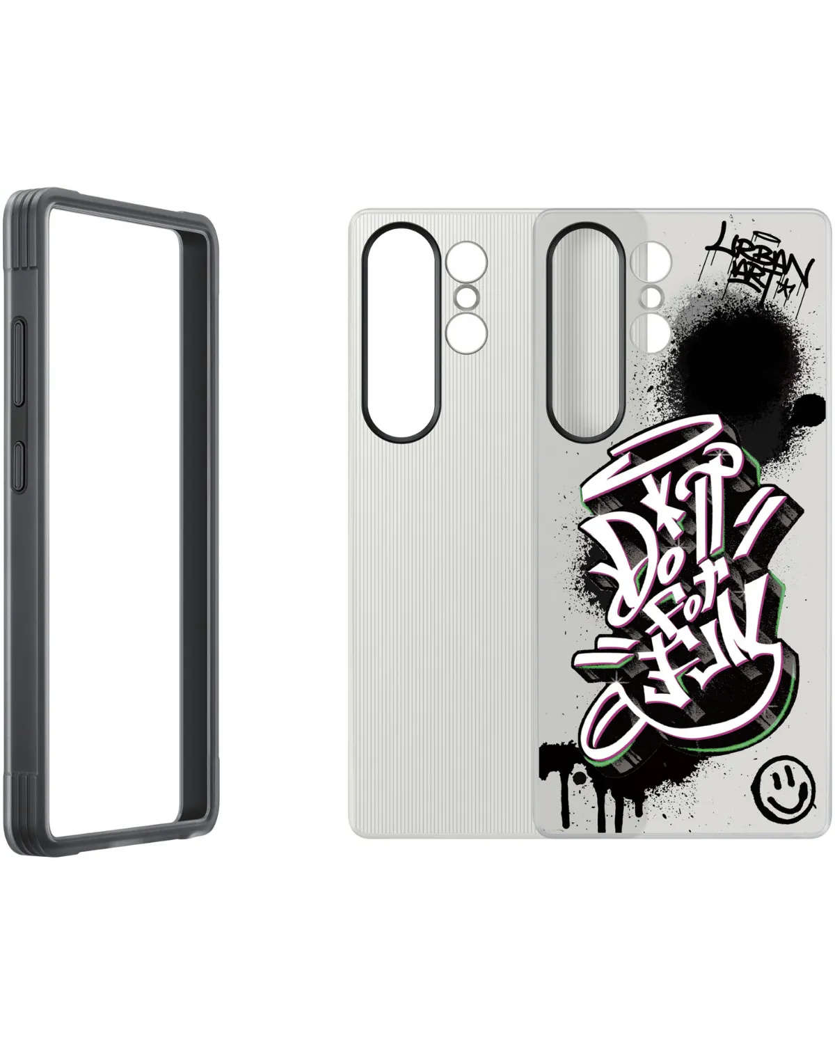 Set van de Samsung Flipsuit rugged case met verwisselbare achterkant in zwart en graffiti-stijl