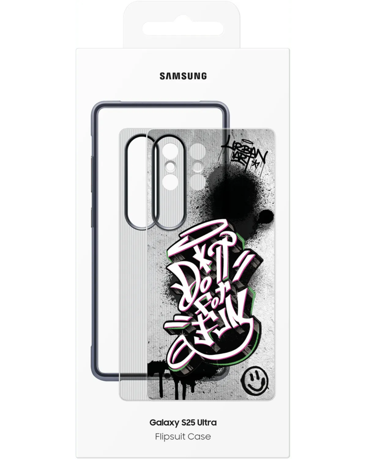 Verpakking van de Samsung Flipsuit rugged case met het graffiti-ontwerp en Galaxy S25 Ultra vermelding.