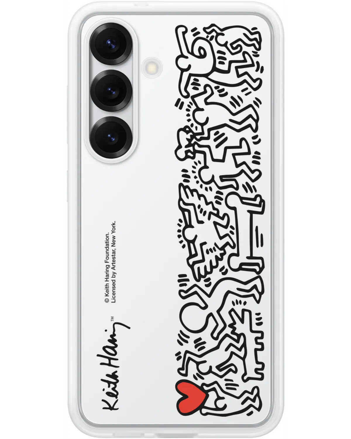 Transparante Samsung Flipsuit Case voor de Galaxy S25 met Keith Haring design, zwart-witte illustraties en rood hartdetail.