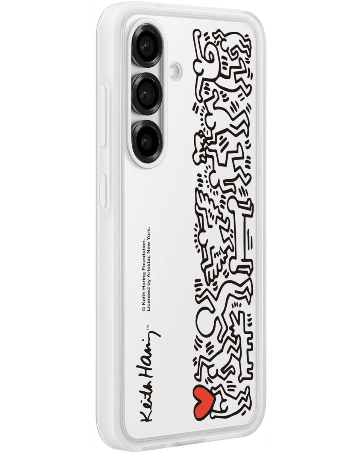 Zijkant van de Samsung Galaxy S25 met de Flipsuit Case, dunne transparante bescherming met Keith Haring design.