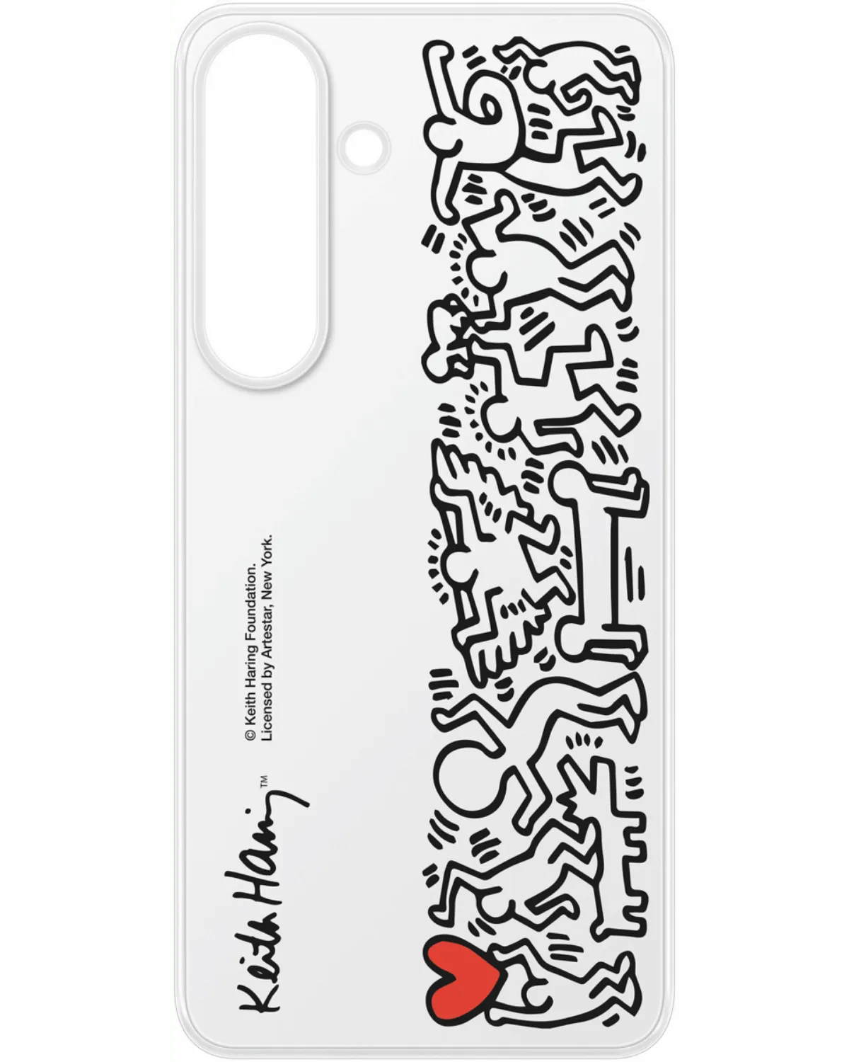 Achterkant van de Samsung Flipsuit Case met Keith Haring design, zwarte figuren en rood hart op een witte achtergrond.