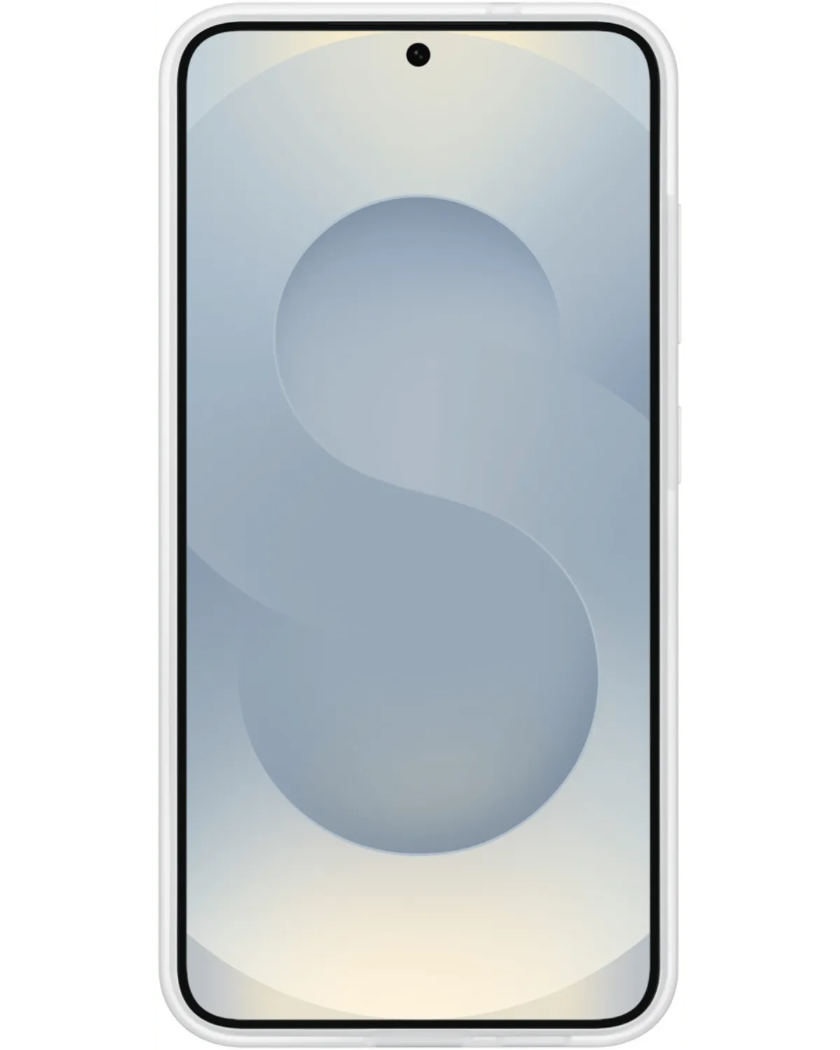 Vooraanzicht van de Samsung Galaxy S25 Plus 5G met witte Flipsuit Case, met groot scherm en dunne randen.