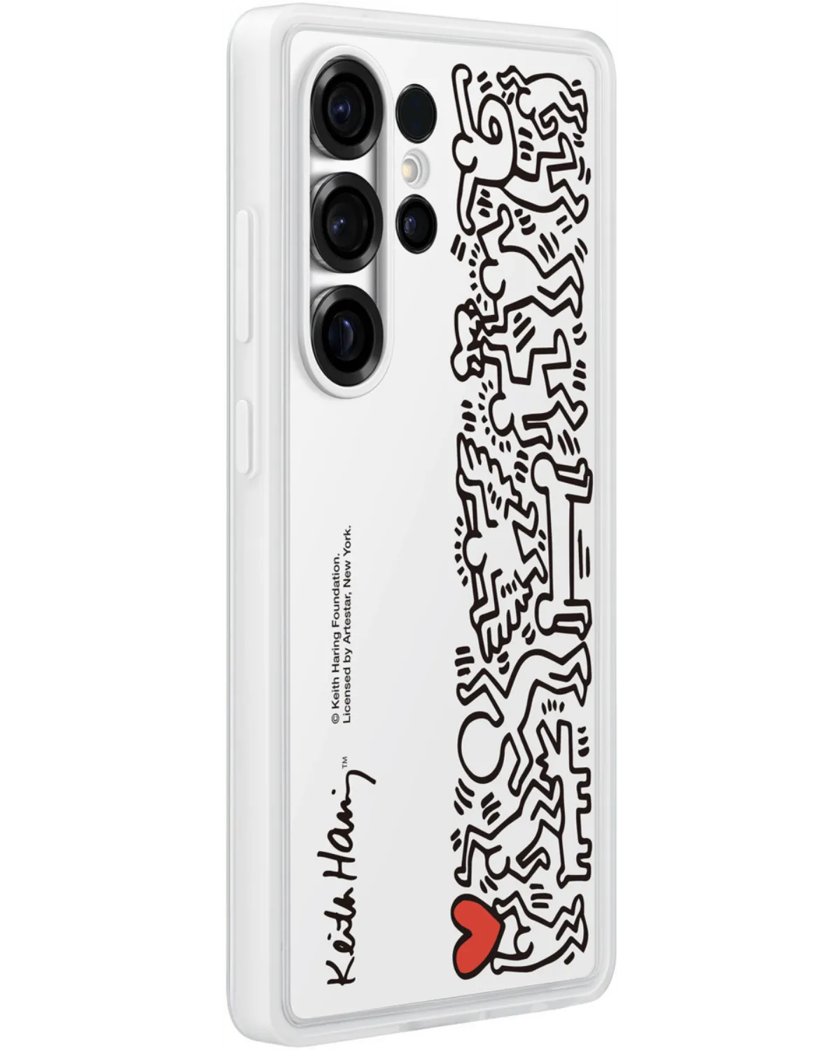 Zijaanzicht van het Keith Haring telefoonhoesje met artistiek design.