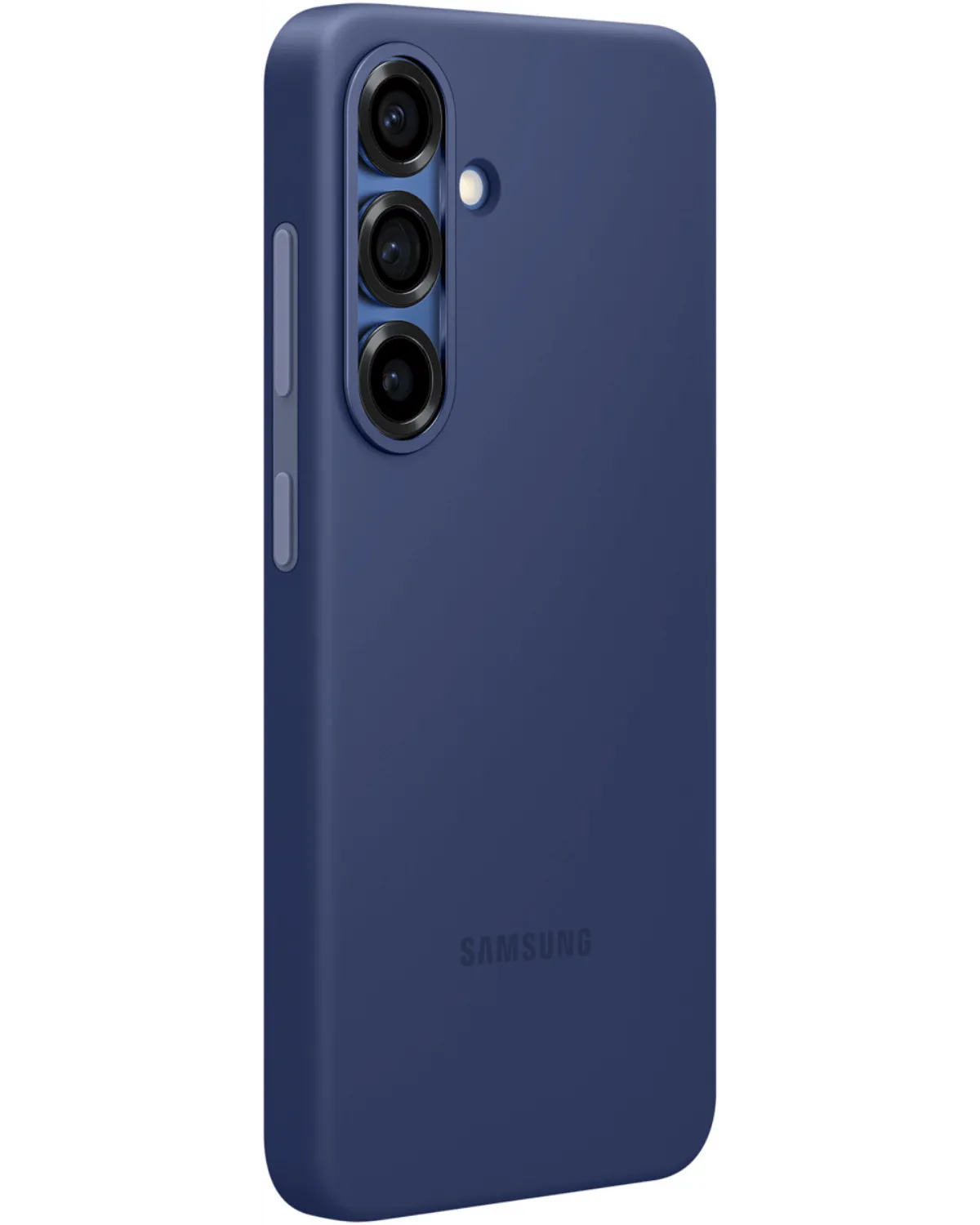 Schuin zijaanzicht van de blauwe Samsung siliconen case voor Galaxy S25 5G, met nauwkeurige pasvorm.