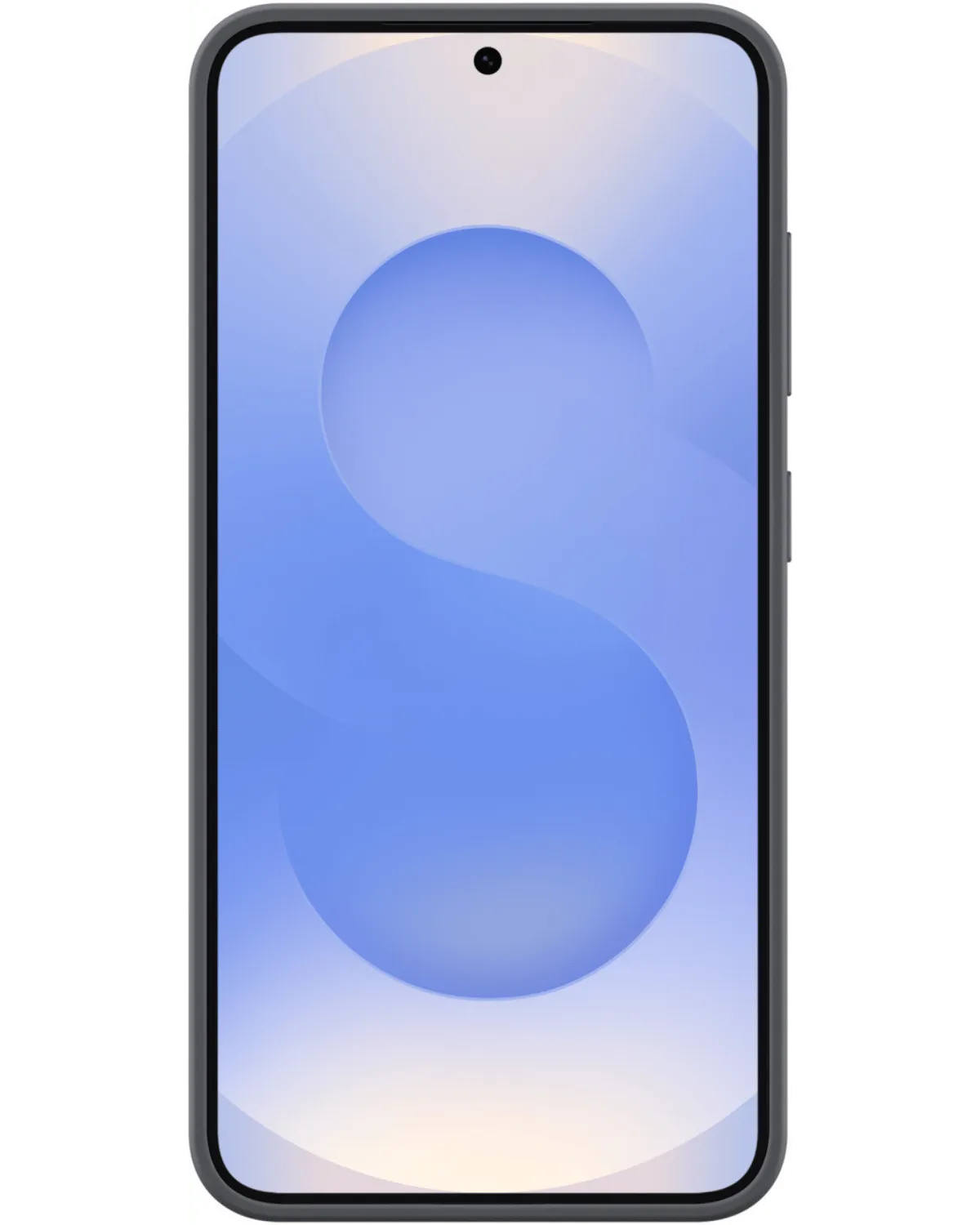 Vooraanzicht van de Samsung Galaxy S25 Plus 5G met het zwarte Samsung Silicone Cover hoesje eromheen.