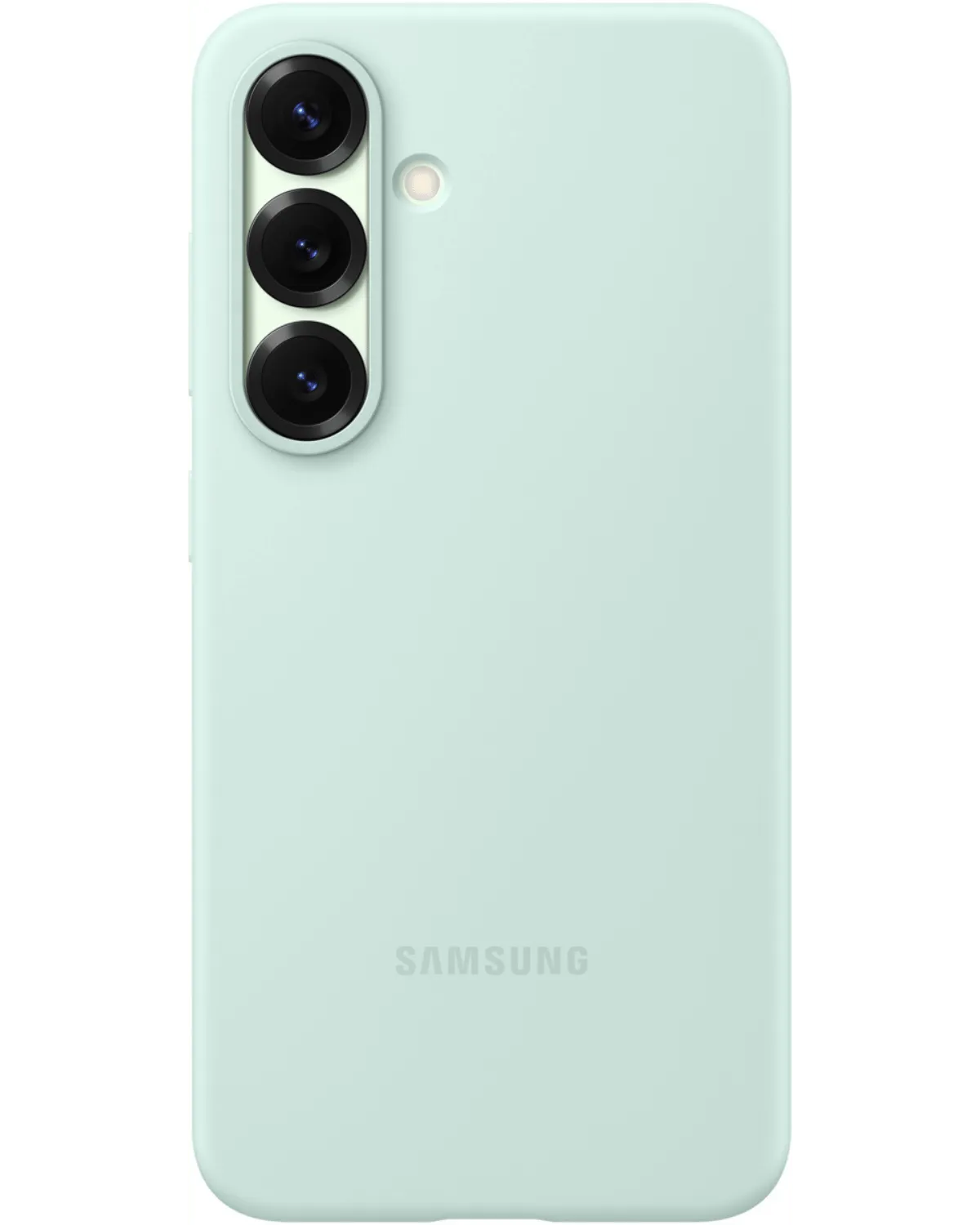 Mintgroene Samsung Silicone Cover voor de Galaxy S25 Plus 5G, met een minimalistisch design en uitsparingen voor de camera's.