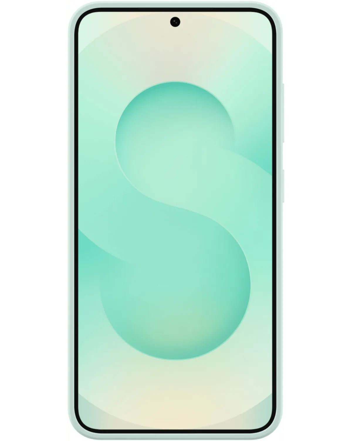 Vooraanzicht van de Samsung Galaxy S25 Plus 5G met mintgroene Silicone Cover, met groot scherm en dunne randen.