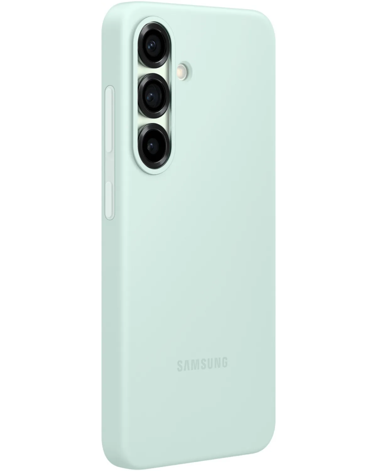 Zijaanzicht van de mintgroene Samsung Silicone Cover voor de Galaxy S25 Plus 5G, met knoppen en camera uitsparingen zichtbaar.