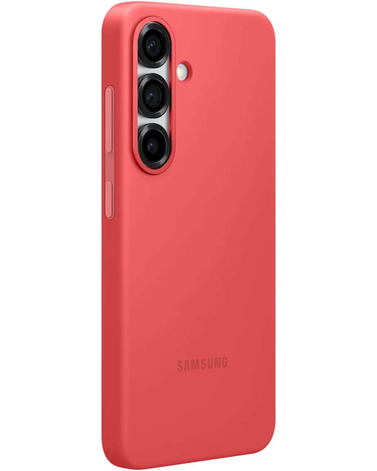 Zijaanzicht van de rode Samsung Silicone Cover voor de Galaxy S25 Plus 5G, met knoppen en camera uitsparingen zichtbaar.