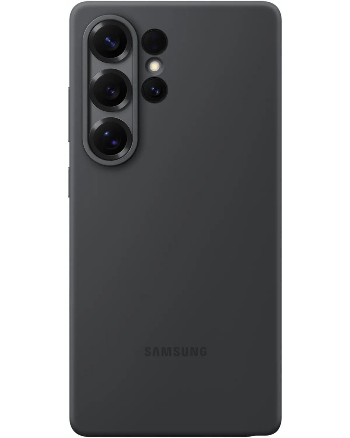 Samsung Silicone Cover voor Galaxy S25 Ultra in zwart, achterkant met zachte afwerking en subtiel Samsung-logo.