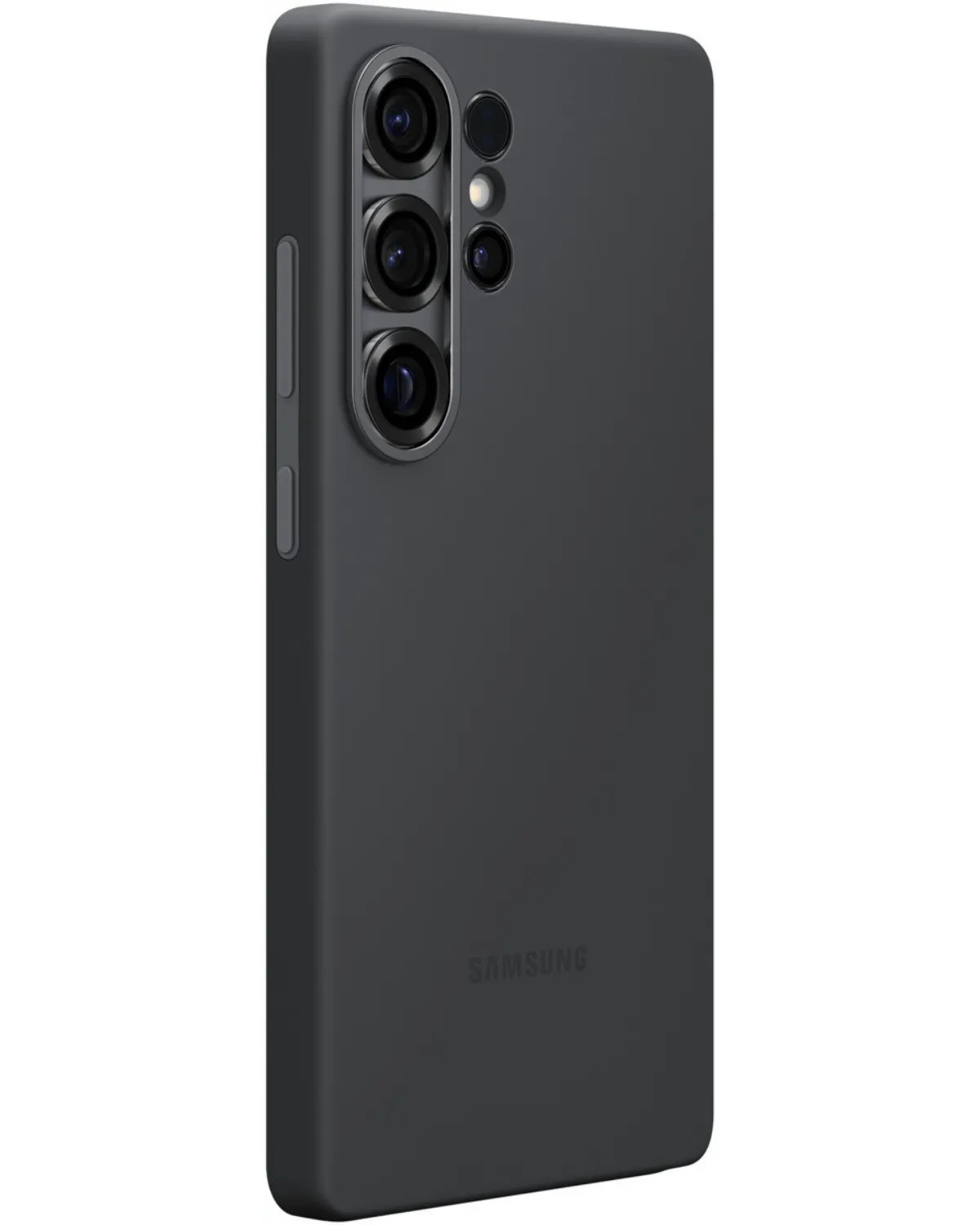 Schuine aanzicht van de Samsung Silicone Cover voor Galaxy S25 Ultra in zwart, toont camera uitsparing en matte textuur.