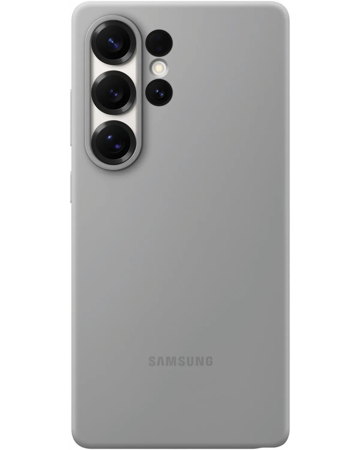Samsung Silicone Cover voor Galaxy S25 Ultra in grijs, achterkant met zachte afwerking en subtiel Samsung-logo