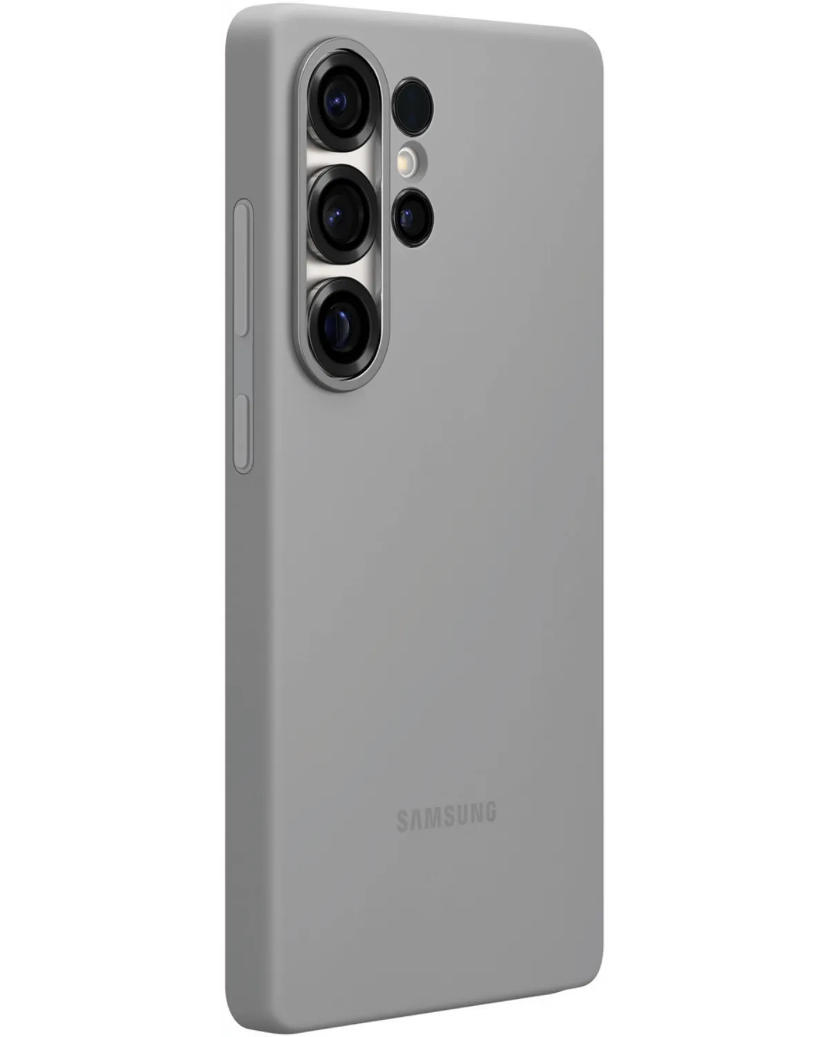 Schuine aanzicht van de Samsung Silicone Cover voor Galaxy S25 Ultra in grijs, toont camera uitsparing en matte textuur.