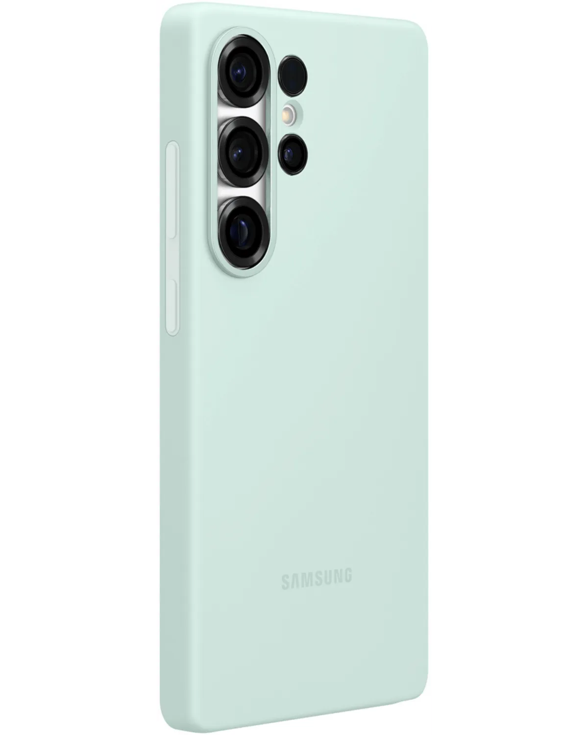 Schuine aanzicht van de Samsung Silicone Cover voor Galaxy S25 Ultra in mintgroen, toont camera uitsparing en matte textuur.