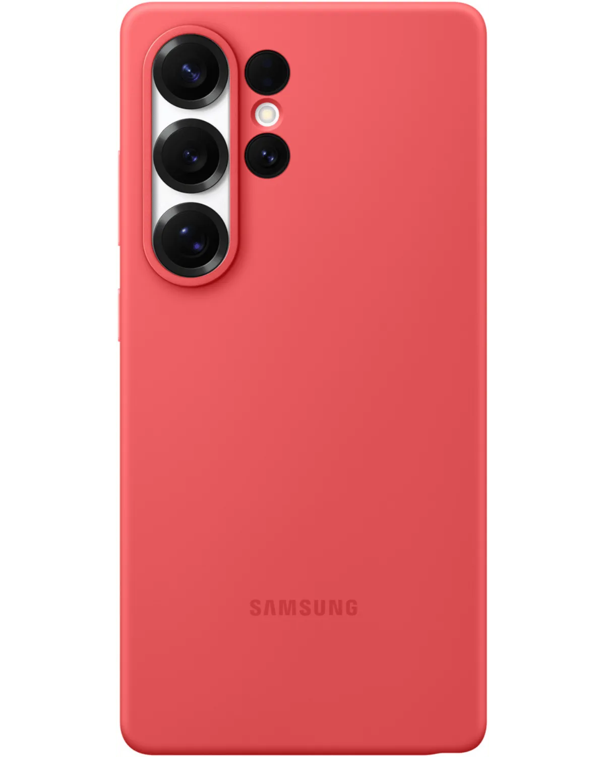 Samsung Silicone Cover voor Galaxy S25 Ultra in rood, achterkant met zachte afwerking en subtiel Samsung-logo.