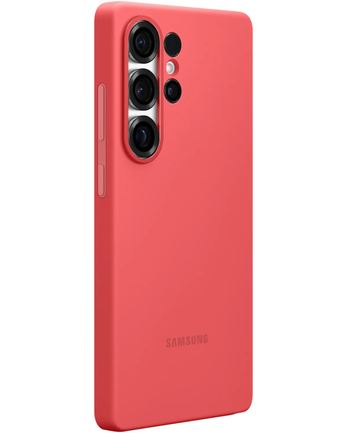 Schuine aanzicht van de Samsung Silicone Cover voor Galaxy S25 Ultra in rood, toont camera uitsparing en matte textuur.