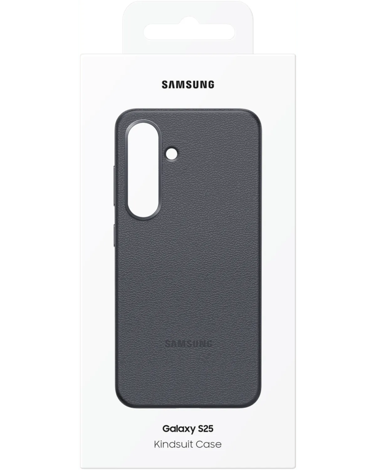 Verpakking van de Samsung Kindsuit Case voor de Galaxy S25 5G in zwart, met het hoesje zichtbaar in een strakke witte doos.
