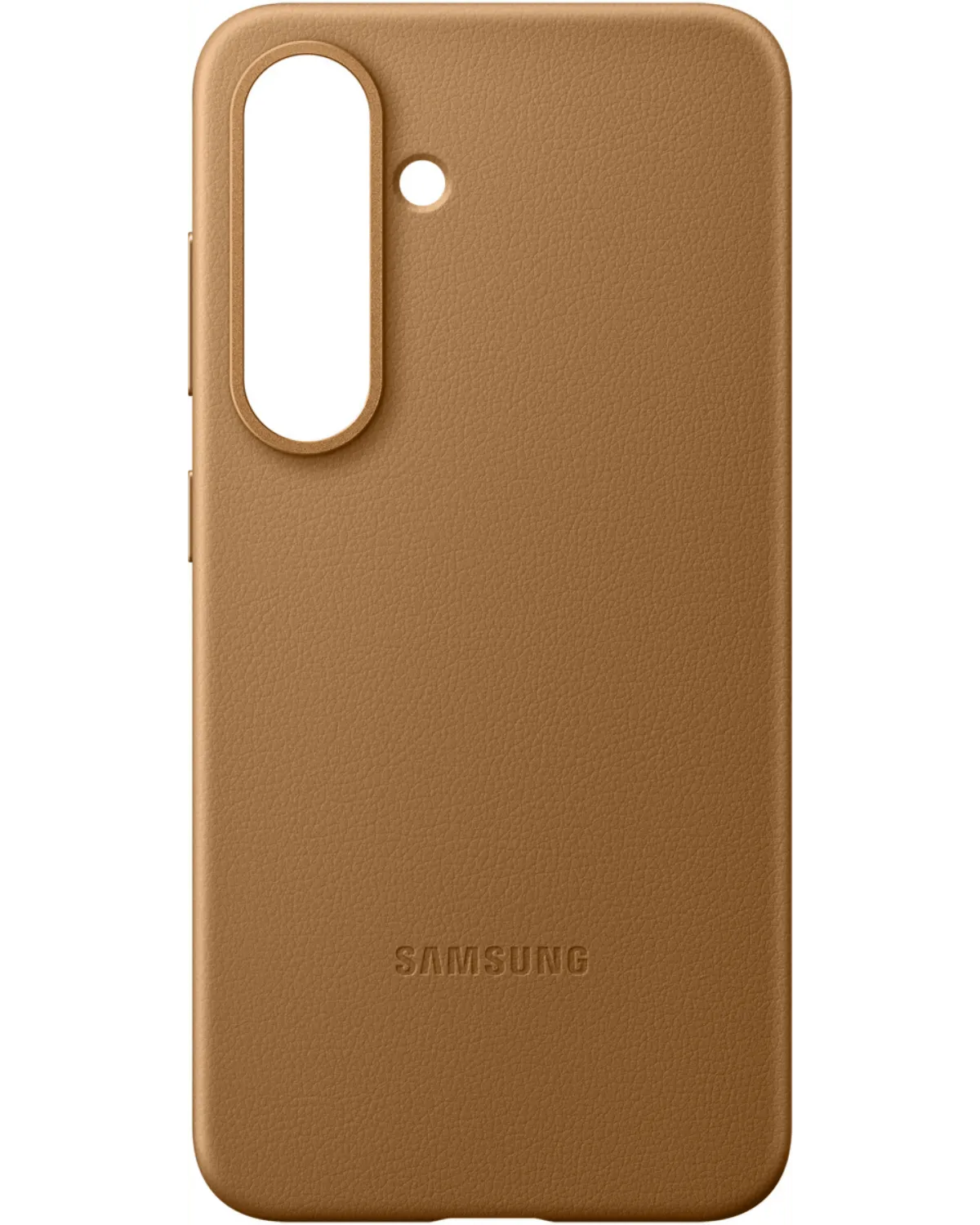 Achterkant van de Samsung Kindsuit Case in camel, met een uitsparing voor de camera en subtiele Samsung-branding.