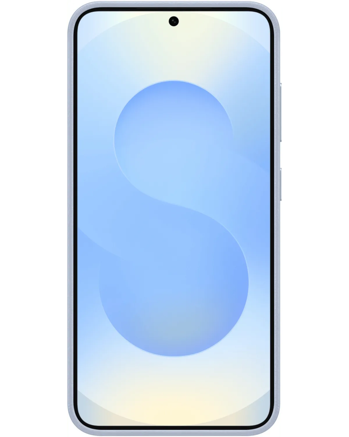 Vooraanzicht van de Samsung Galaxy S25 Plus 5G met stijlvolle Kindsuit Case in lichtblauw voor elegante bescherming.