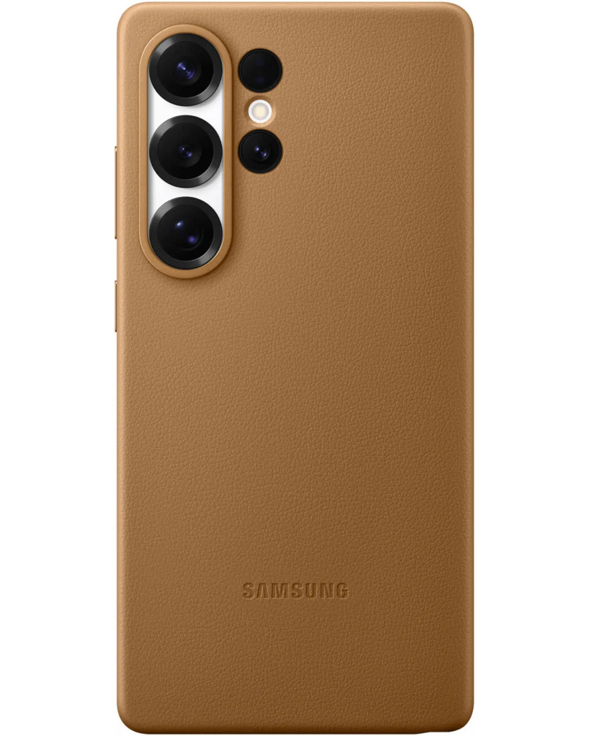 Camel-kleurige Samsung Kindsuit Case voor Galaxy S25 Ultra, luxe lederen look met verhoogde randen.