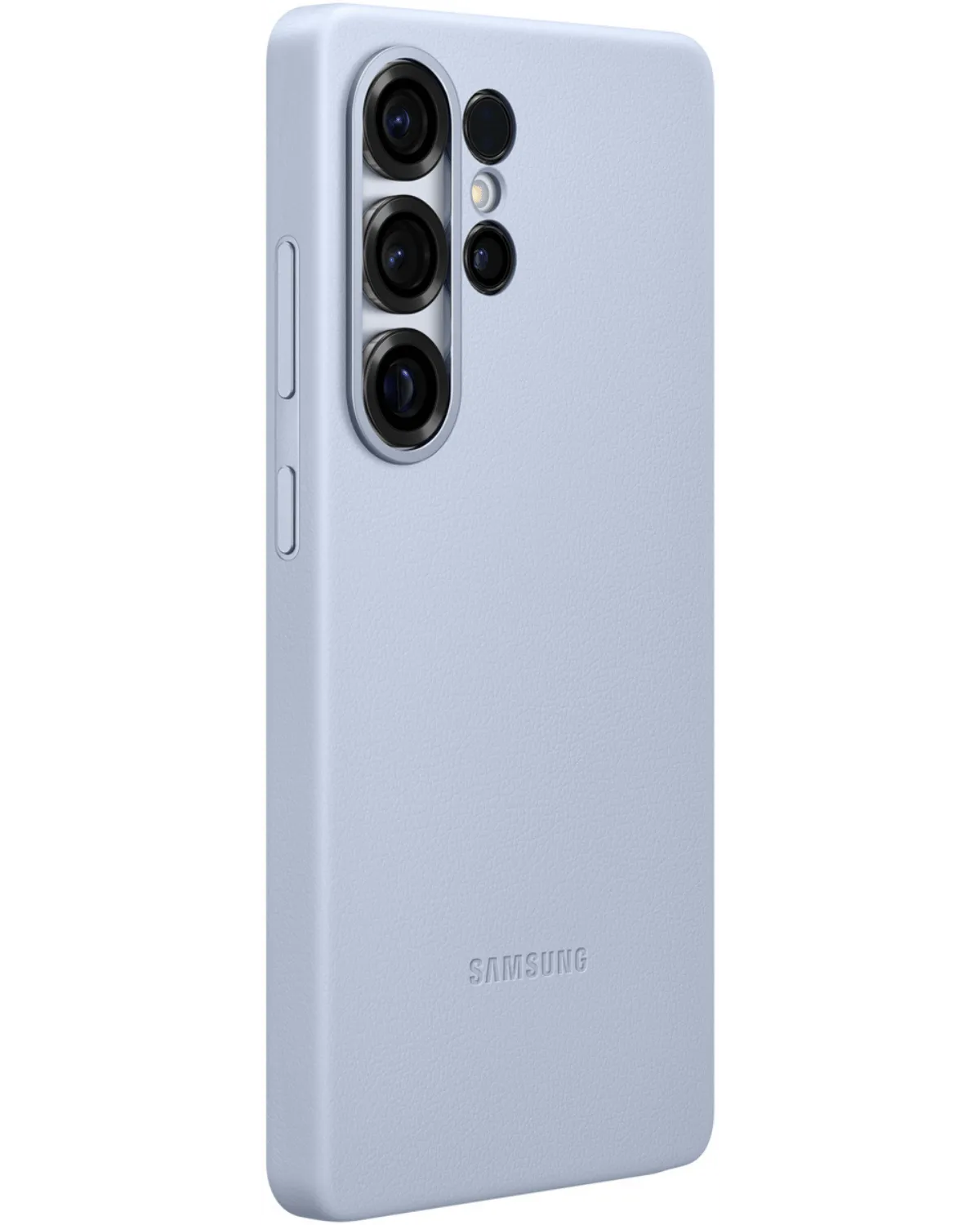 Schuin aanzicht van de Samsung Kindsuit telefoonhoes in lichtblauw, met verhoogde randen voor extra bescherming.