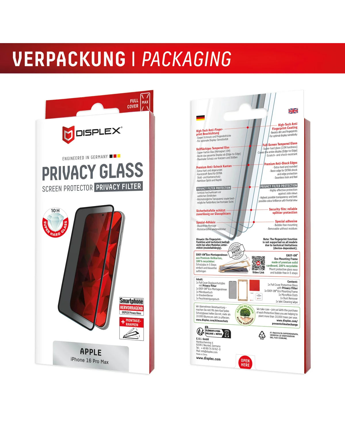 Displex Privacy Glass Full Cover Screenprotector – Apple iPhone 16 Pro Max