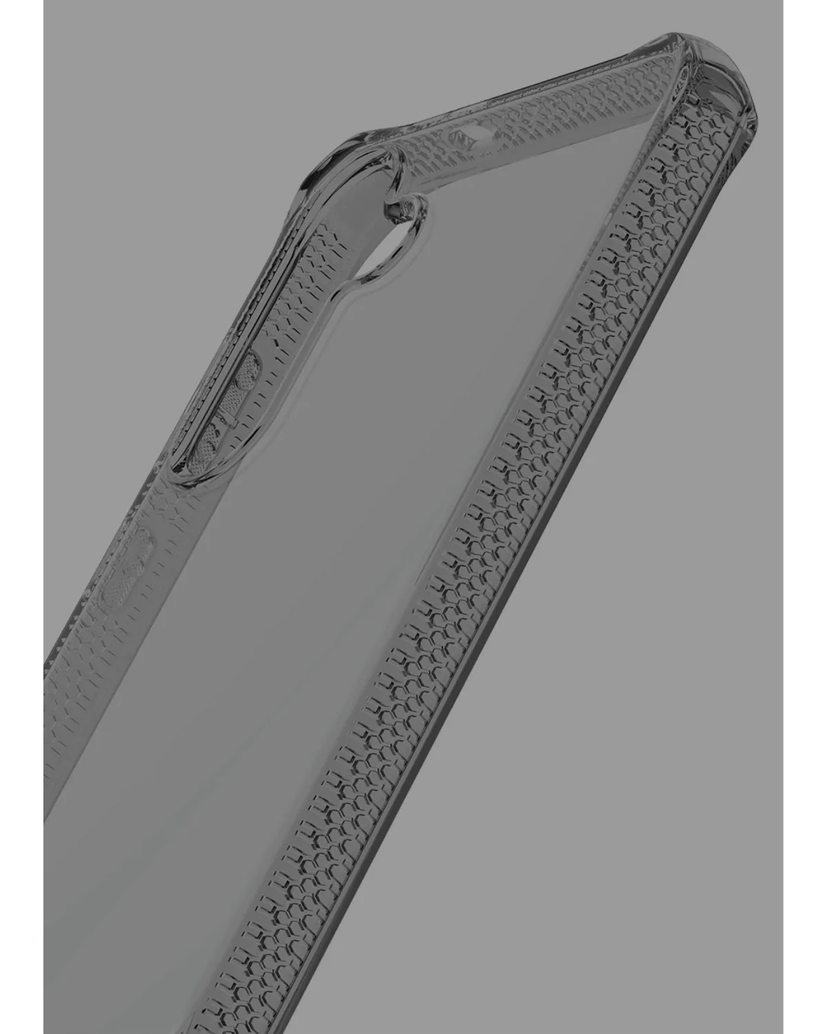 Detail van de verstevigde hoeken en Hexotek technologie in het Itskins Spectrumclear_R hoesje.