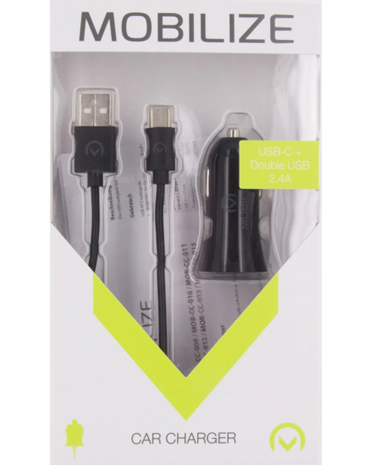 Mobilize Autolader Dual USB 2.4A 12W + USB-C Kabel 1m – Zwart