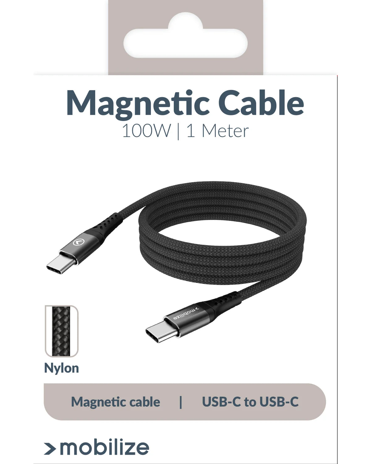 Mobilize Magnetische Nylon Kabel USB-C naar USB-C – 1m – 100W – Zwart
