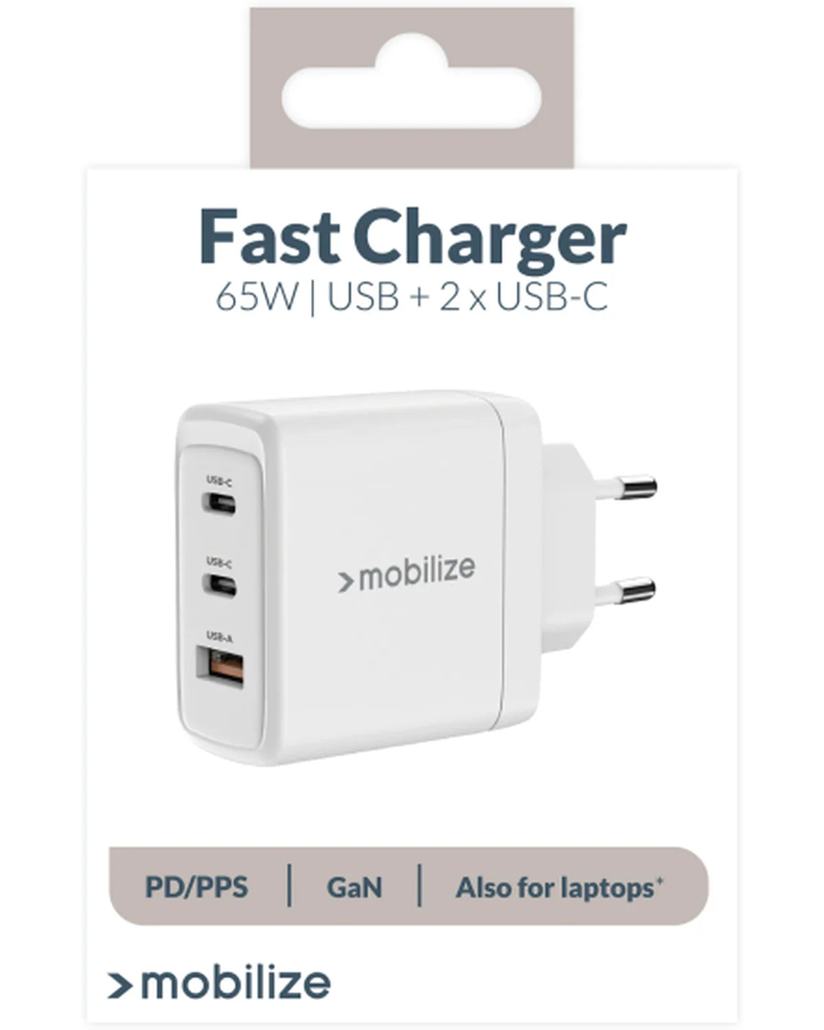 Mobilize Wandlader 2x USB-C + 1x USB GaN 65W – PD/PPS – Wit