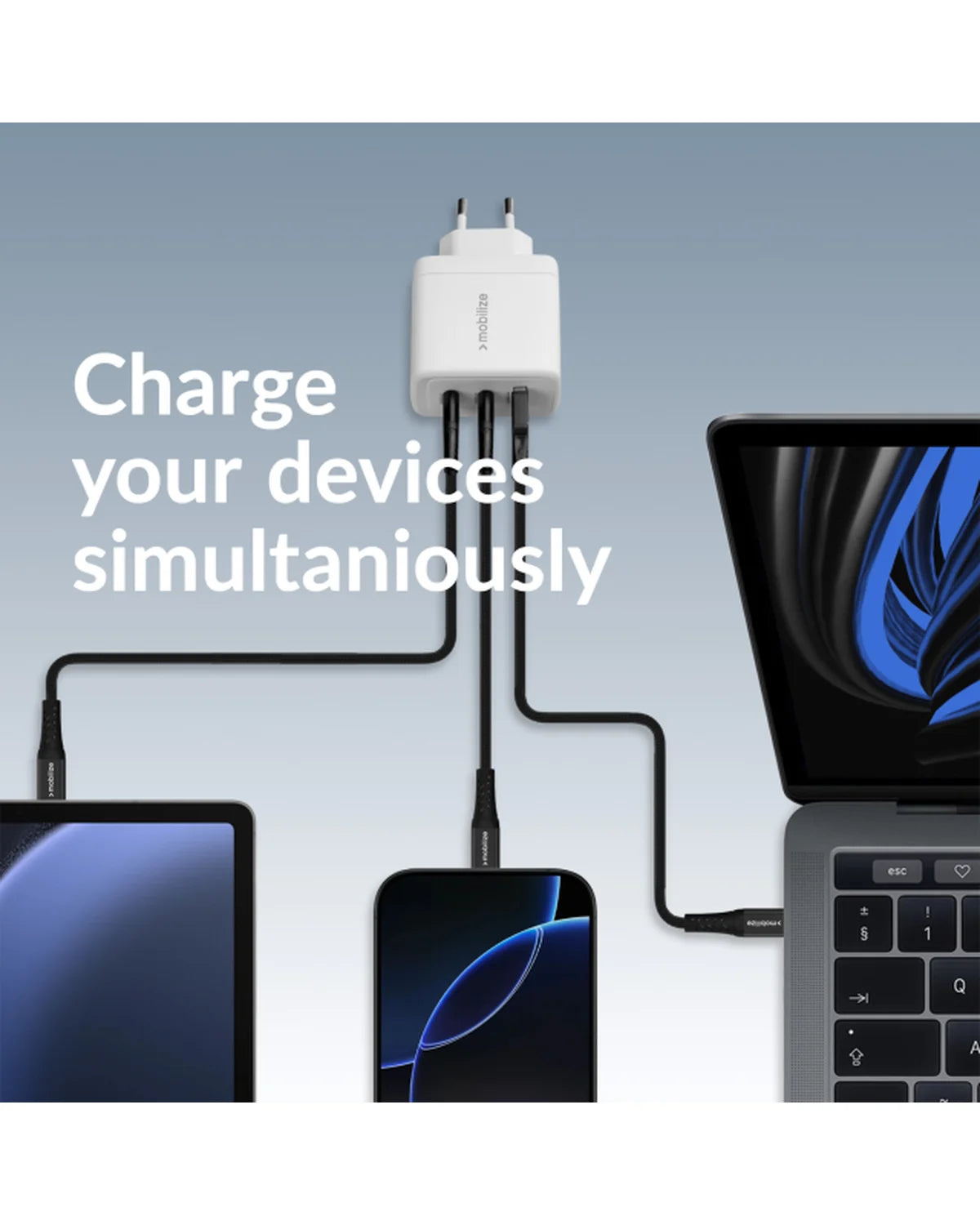 Mobilize Wandlader 2x USB-C + 1x USB GaN 65W – PD/PPS – Wit