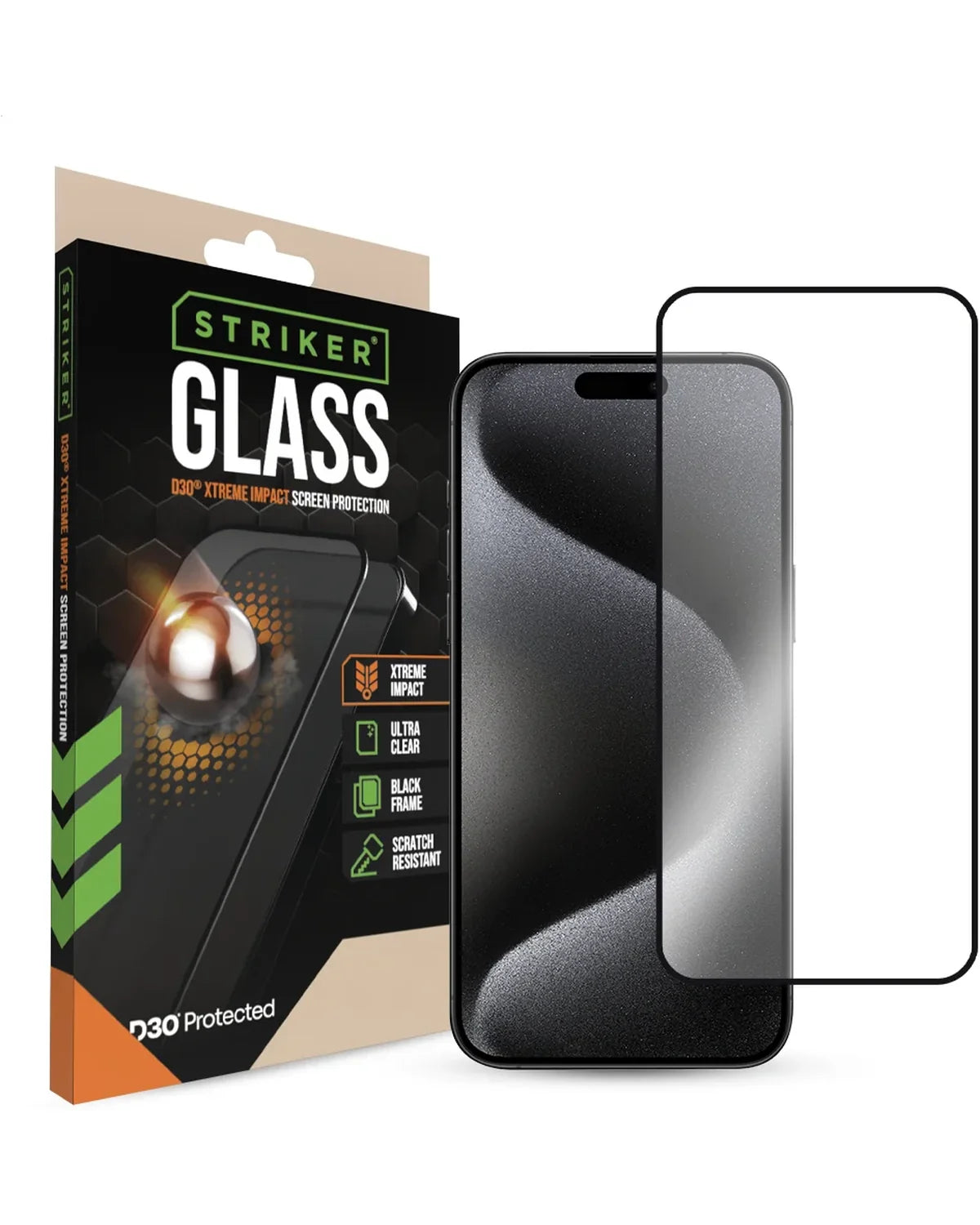 Striker D3O Xtreme Impact Glass Screenprotector Black Frame Apple iPhone 15 Pro Max
