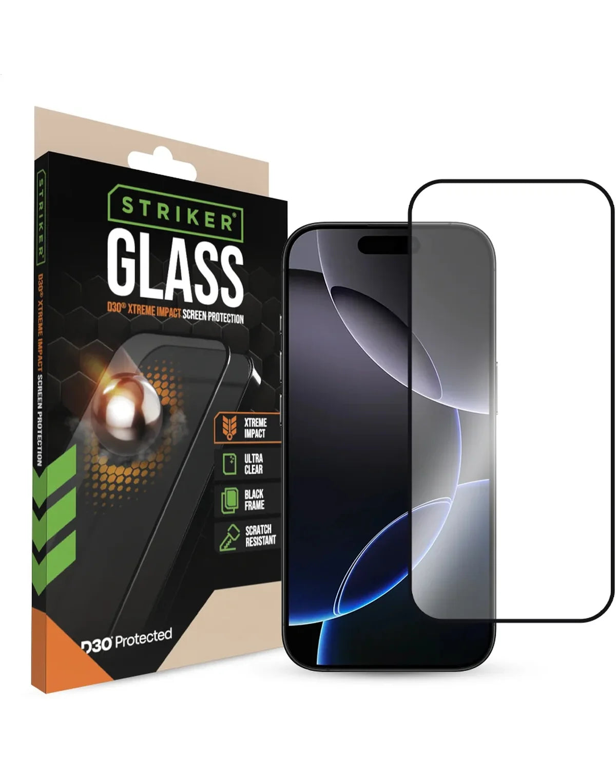 Striker D3O Xtreme Impact Glass Screenprotector Black Frame Apple iPhone 16 Pro