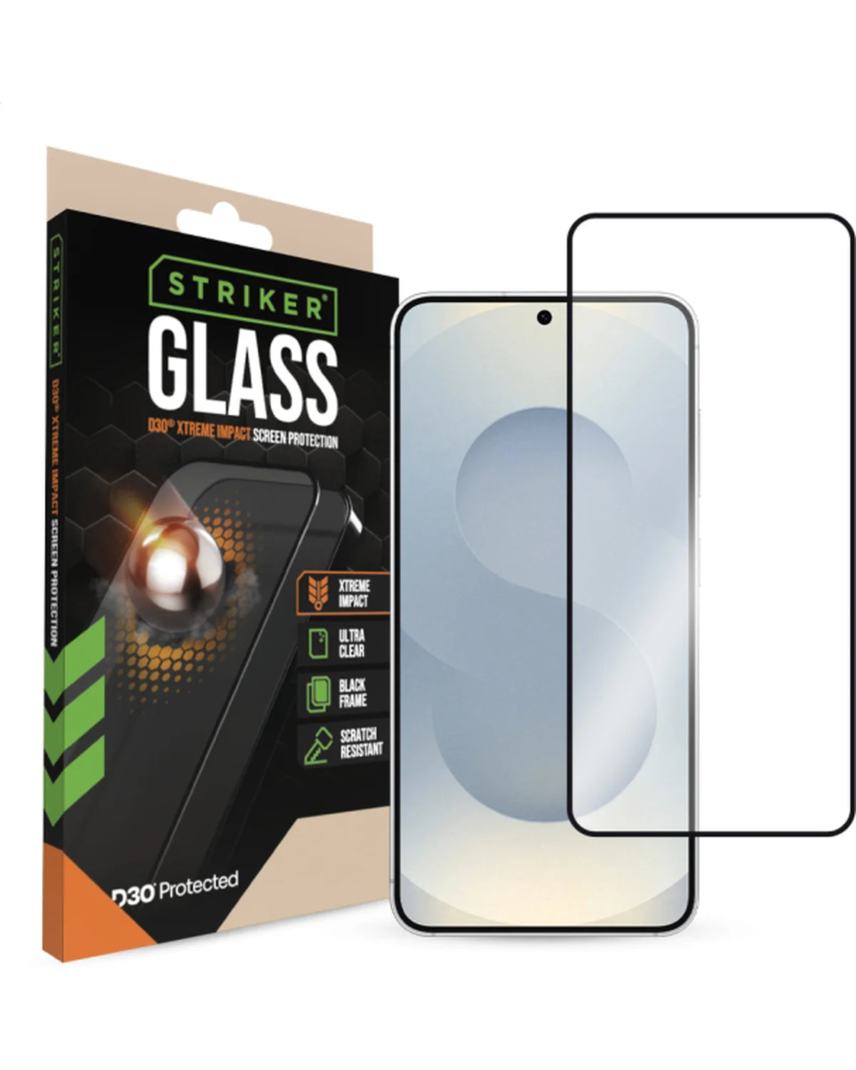 Striker D3O Xtreme Impact Glass Screenprotector Black Frame Samsung Galaxy S24 5G / S25 5G