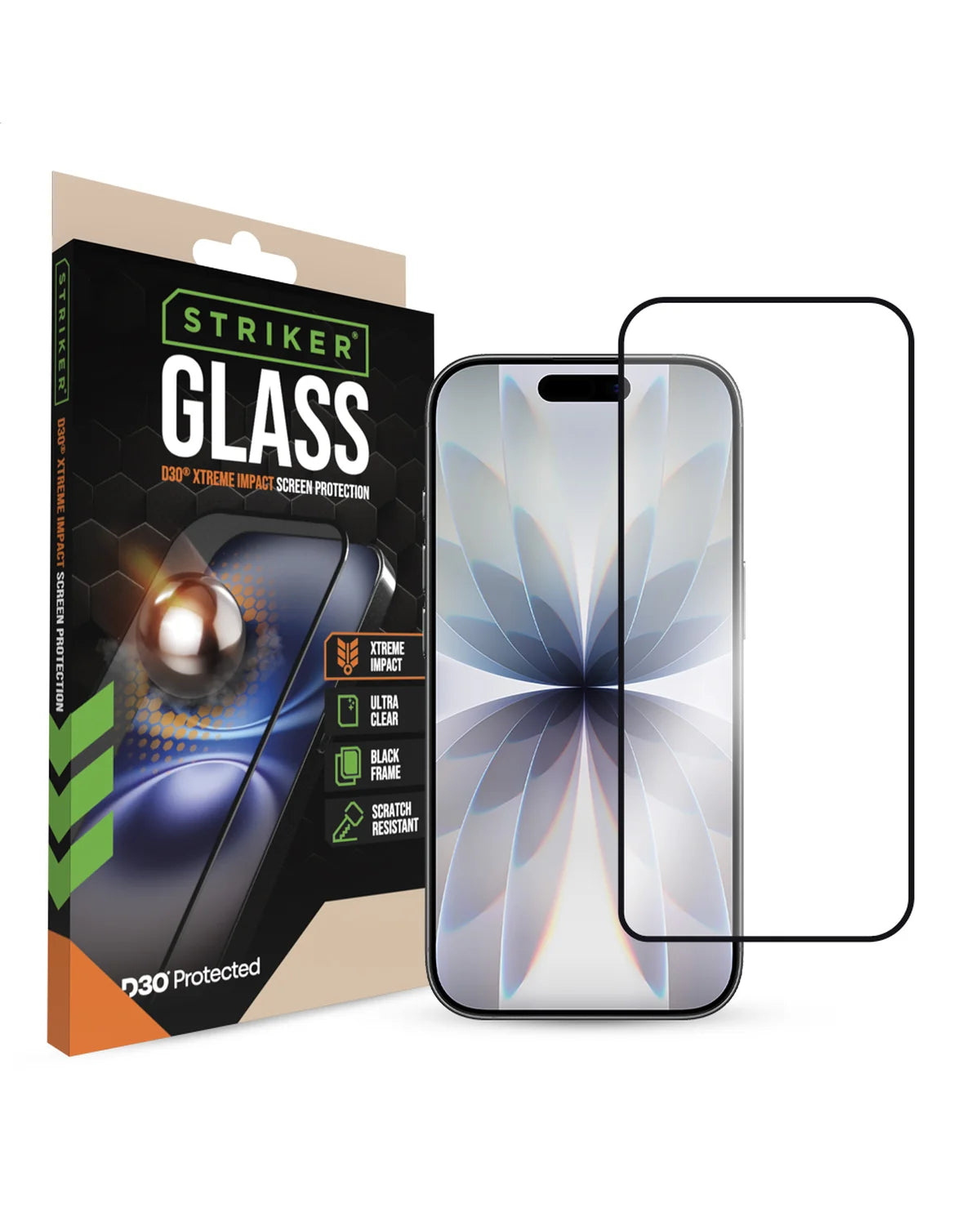 Striker D3O Xtreme Impact Glass Screenprotector – Zwart Frame – Apple iPhone 16 Pro / 17 / 17 Pro