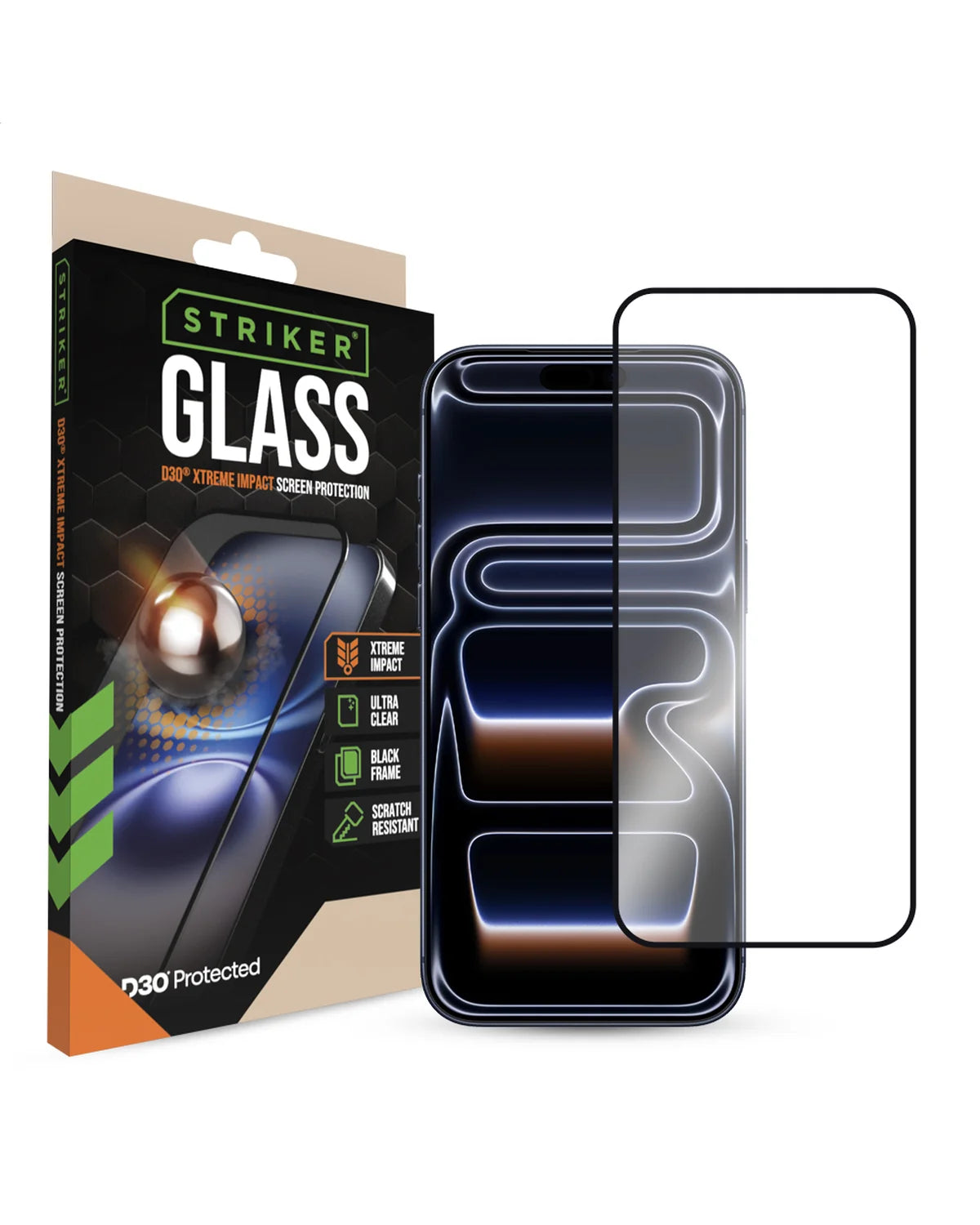 Striker D3O Xtreme Impact Glass Screenprotector – Zwart Frame – Apple iPhone 16 Pro Max / 17 Pro Max