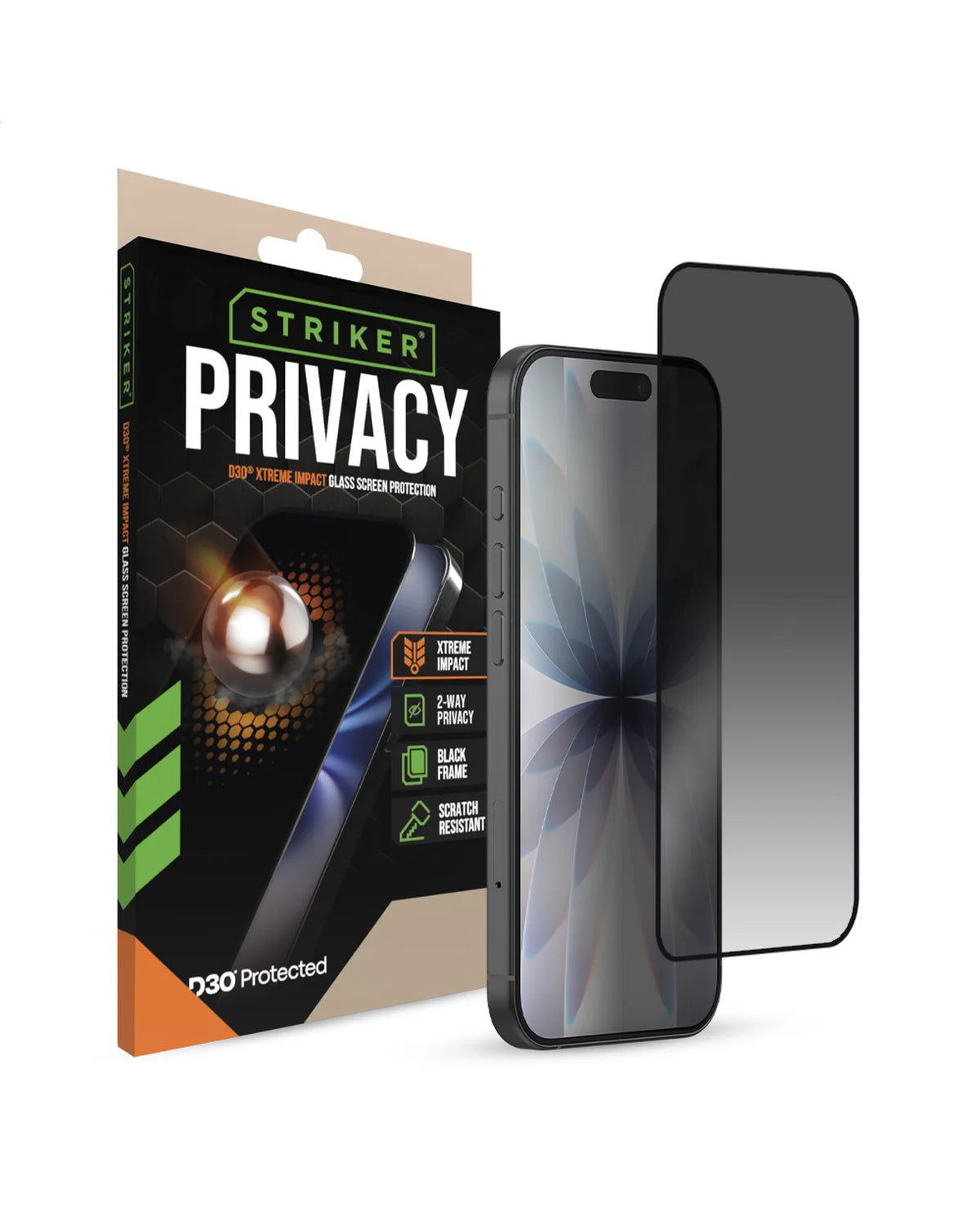 Striker D3O Xtreme Impact Privacy Glass Screenprotector – Zwart Frame – Apple iPhone 16 Pro / 17 / 17 Pro